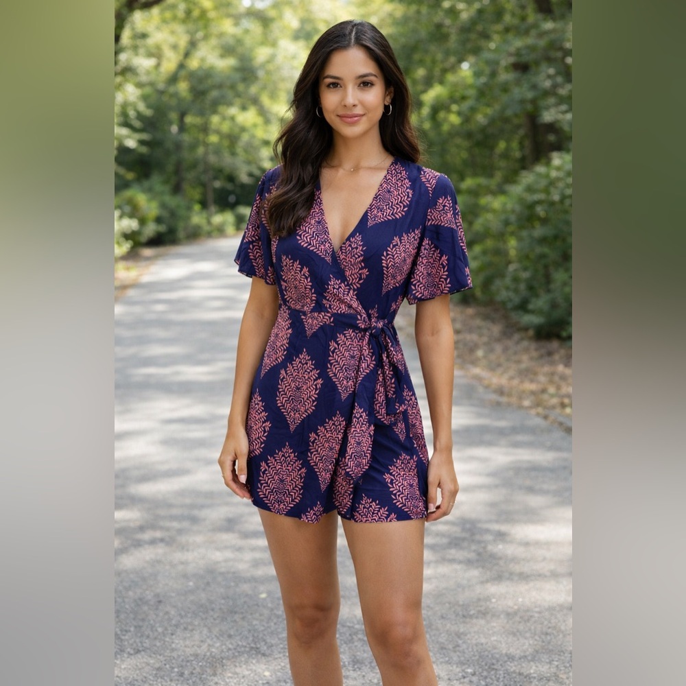 Navy Blue Wrap Romper with Pink Leaf Print